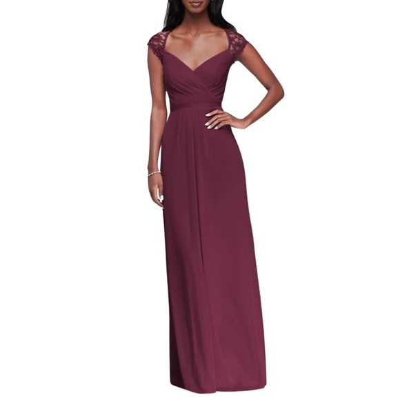 NWT! $180 David's Bridal Long Mesh Dress with Lace Cap Sleeves A- line Skirt - Picture 1 of 9